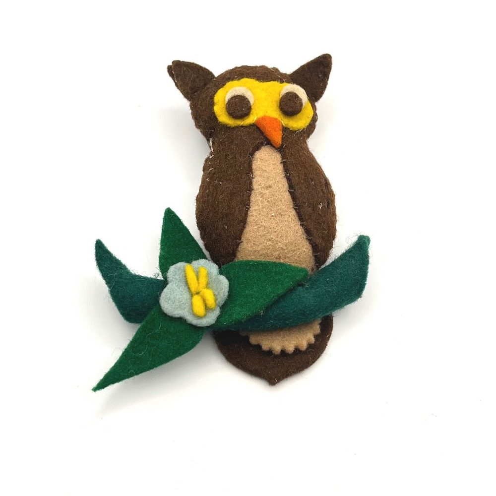 Vintage Handmade Felt Owl Brooch Brown Bird on Branch Pin Woodland Folk Art